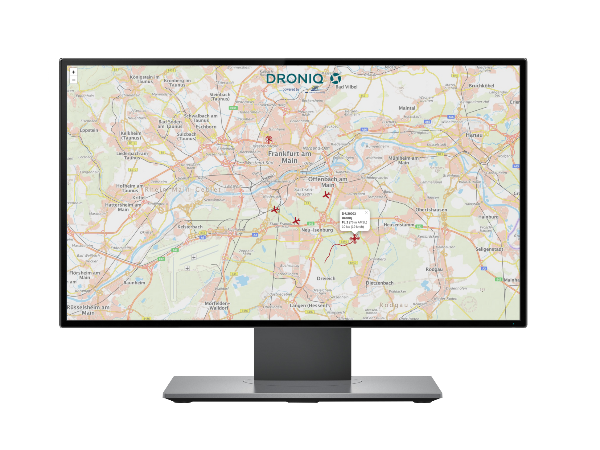 TrackViewer: Echtzeit-Darstellung von Flugbewegungen in einem definierten Gebiet über Deutschland.