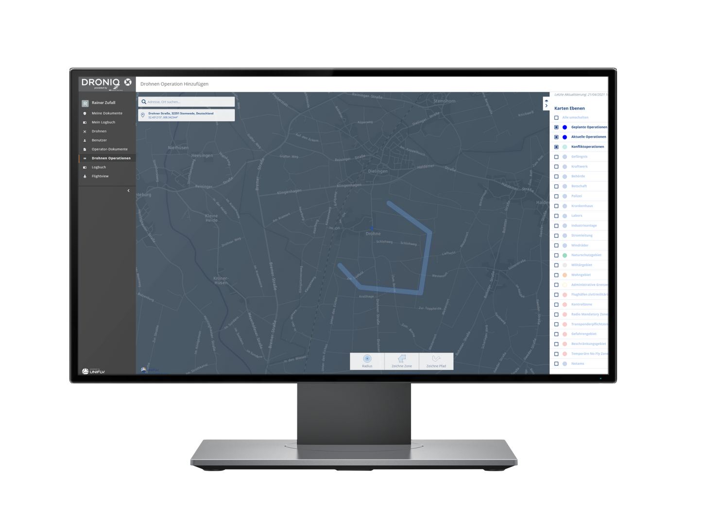 UTMpro: Mit dem UAS Traffic Management System (UTM) von Droniq lassen sich UAS sicher und effizient in den Luftraum integrieren. Die Pro-Variante unterstützt kommerzielle Nutzer bei der Planung, Überwachung und Auswertung ihres Drohnenflugs innerhalb Deutschlands. Über das UTM lässt sich die gesamte Missionsanmeldung vornehmen, inklusive Registrierung, Dokumentenupload sowie Flugprüfung.